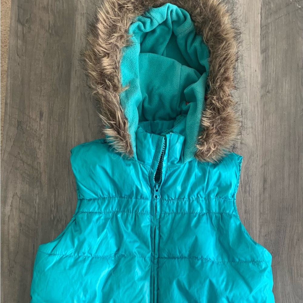Children’s/ girls vest jacket turquoise with faux fur hood